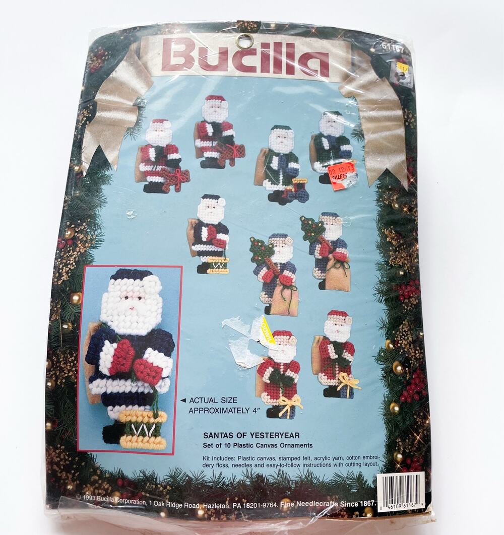 New Bucilla Vintage Santas of Yesteryear Set of 20 Plastic Canvas Ornament Kit